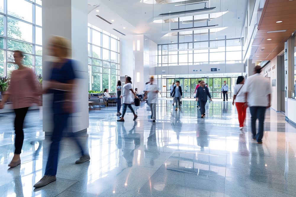 Staff In Busy Lobby Area Of Modern Hospital walking adult architecture. AI generated Image by rawpixel.