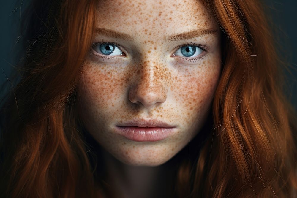 Portrait of red haired girl portrait freckle photography.