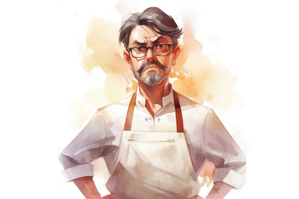A chef angry face expression portrait glasses drawing.