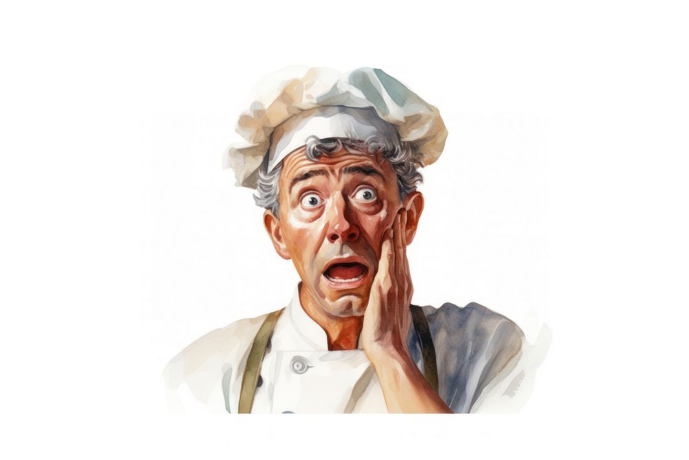 A chef suprised face expression portrait adult white background.