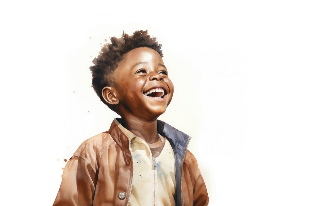 African boy laughing face expression smile child white background.