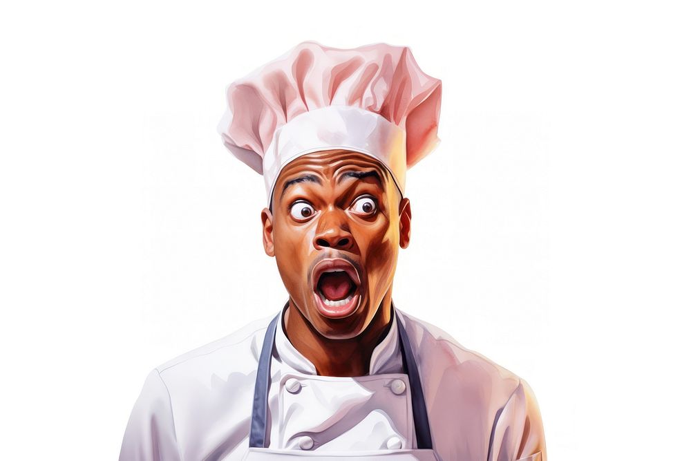 African chef suprised face expression portrait adult white background.