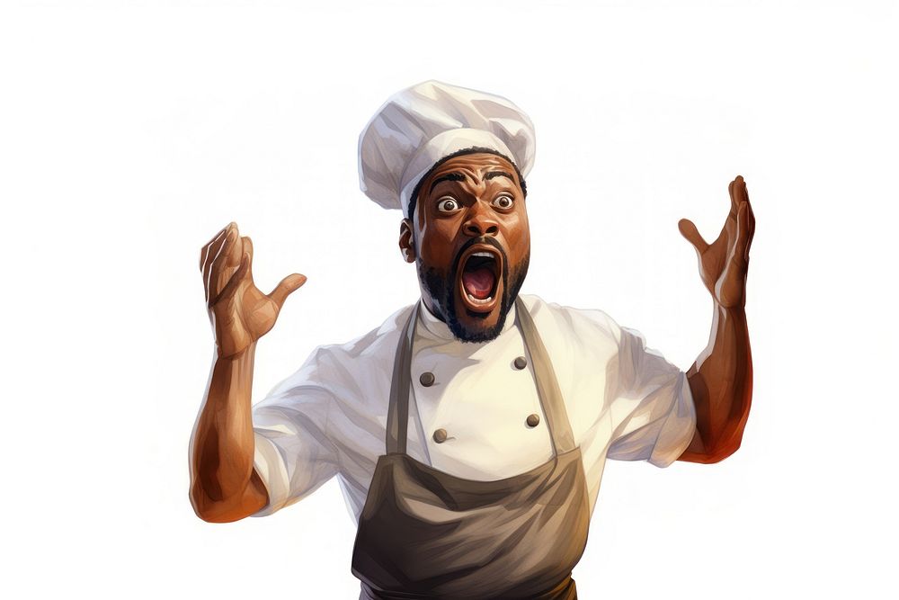 African chef suprised face expression shouting adult white background.