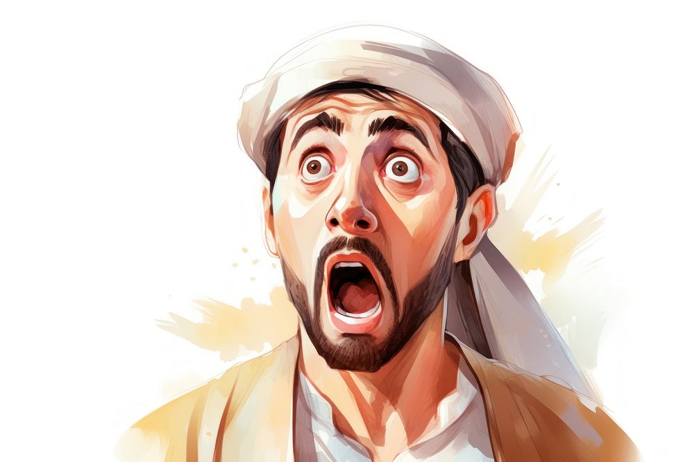 Arab man suprised face expression portrait shouting adult.