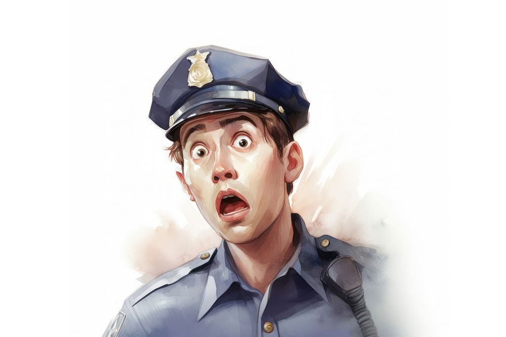 Policeman suprised face expression portrait adult white background.