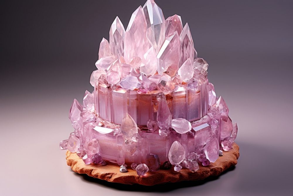 Crystal birthday cake gemstone amethyst dessert mineral.