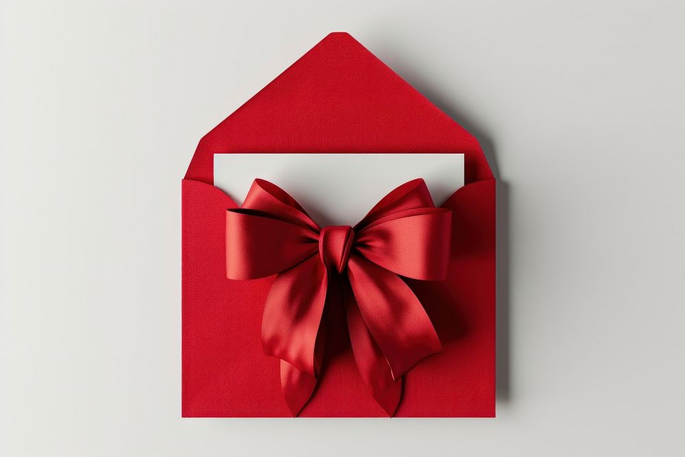 3D render of gift idea card with red bow and ribbon in red envelop celebration anniversary decoration.