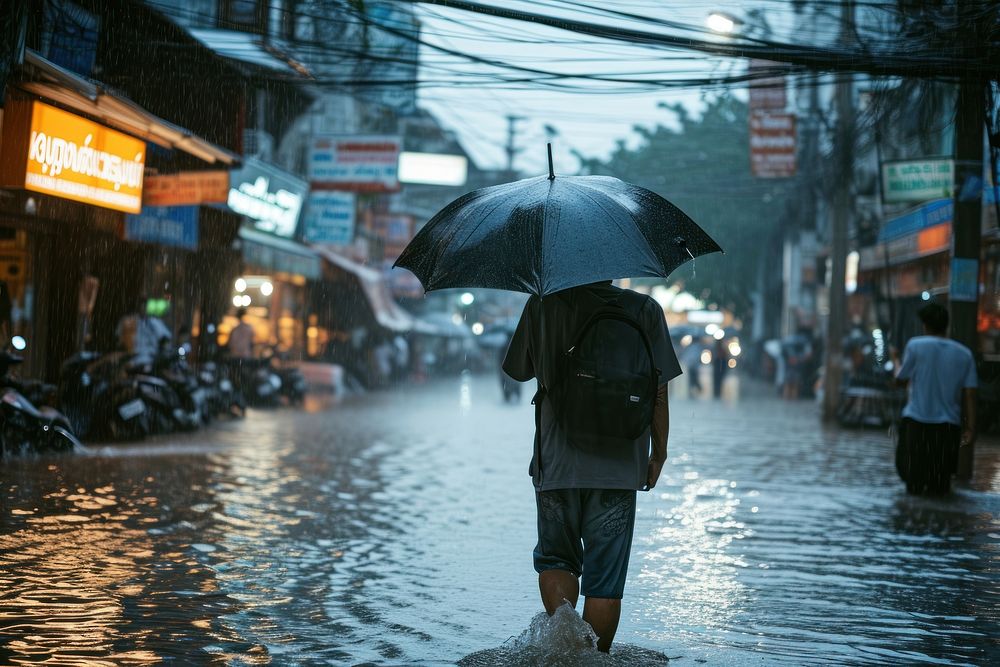 Man holding umbrella and walking while raining vehicle flood adult. AI generated Image by rawpixel.