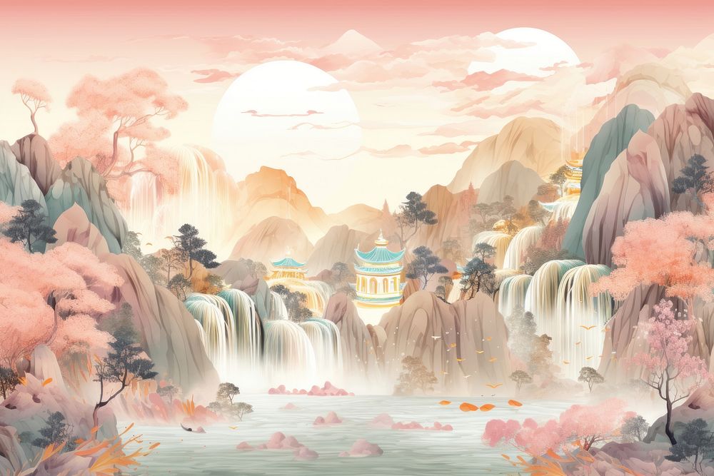 Chinese waterfall outdoors painting plant.