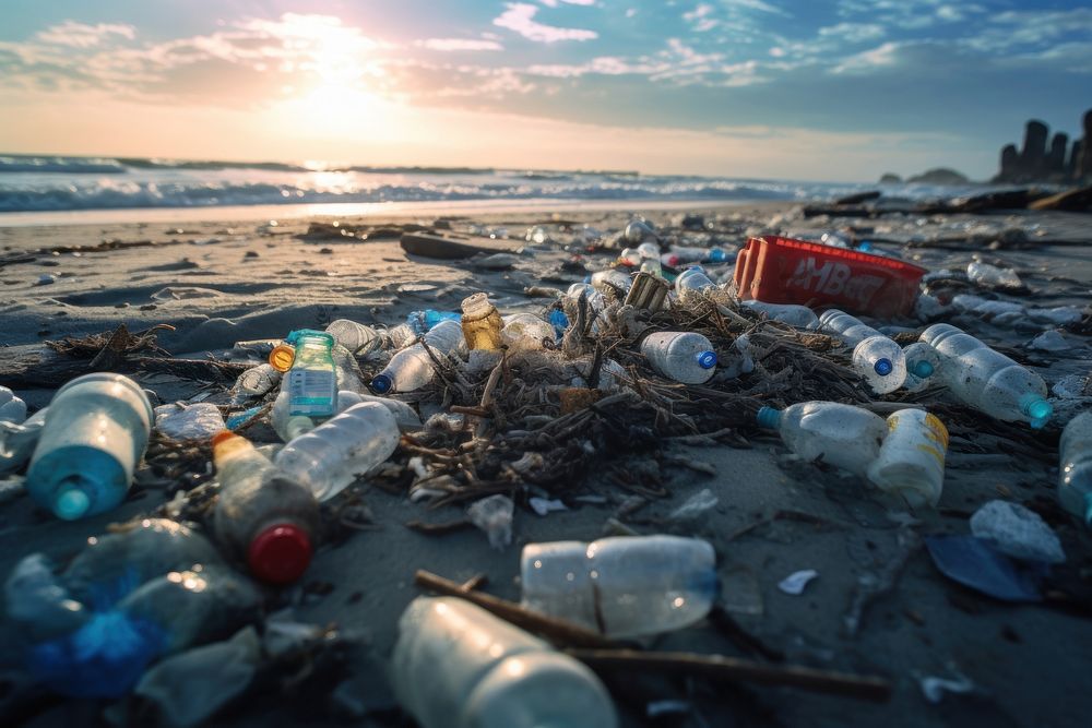 Trash on beach pollution outdoors garbage. AI generated Image by rawpixel.