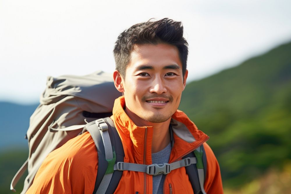 Happy japanese man mountain portrait backpack.