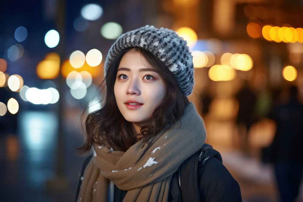 Happy korean woman scarf portrait looking.
