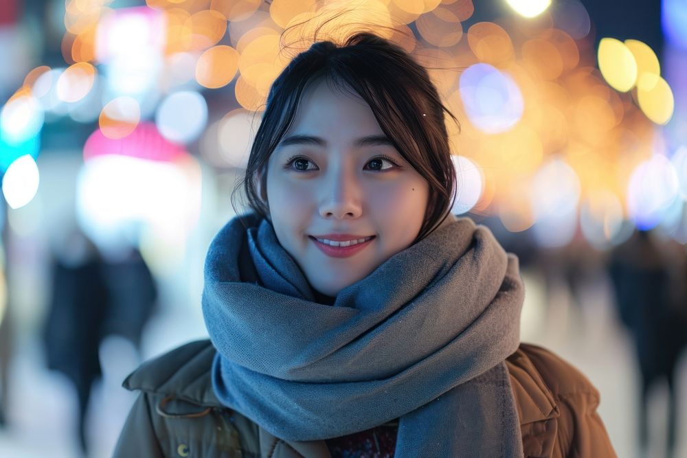 Happy korean woman scarf looking street.
