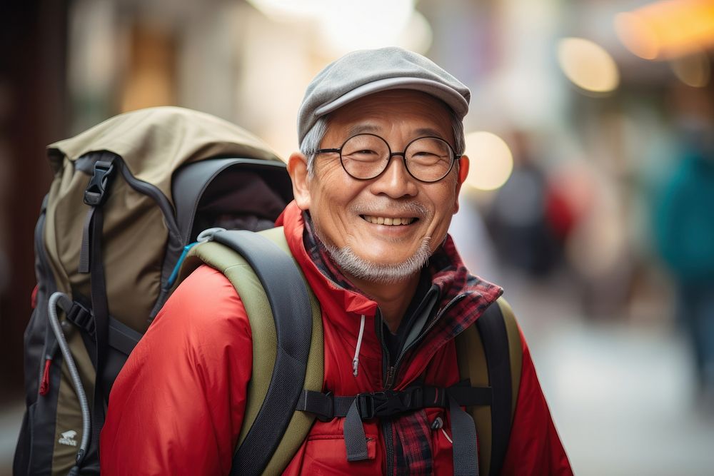 Happy senior Korean man backpack glasses travel.