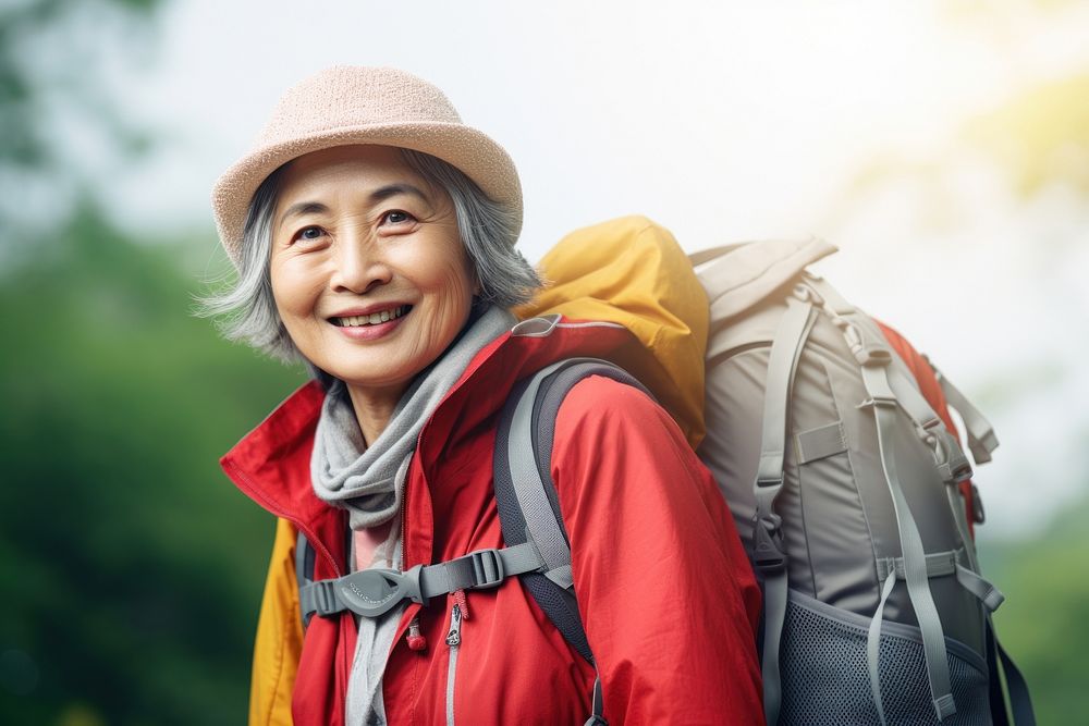 Happy senior Korean woman backpack travel adult.