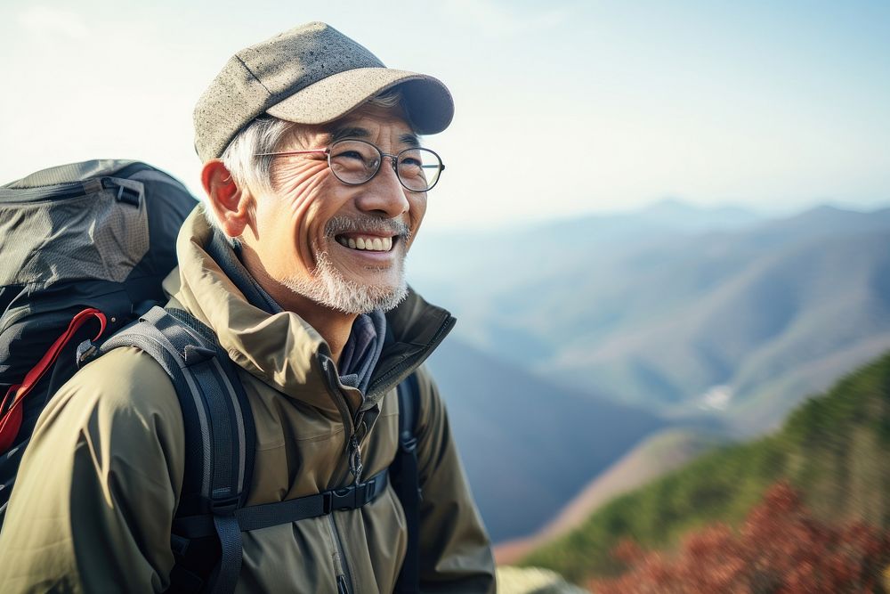 Happy senior japanese man recreation adventure mountain.