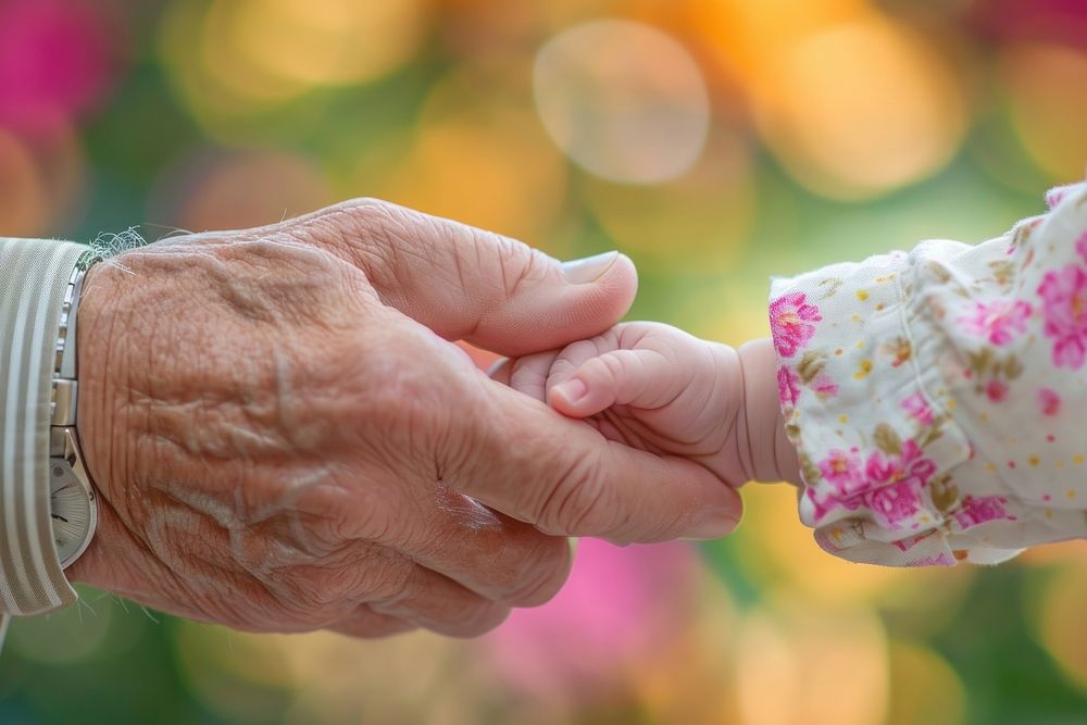 Elder hand touch a newborn hand finger togetherness affectionate. 