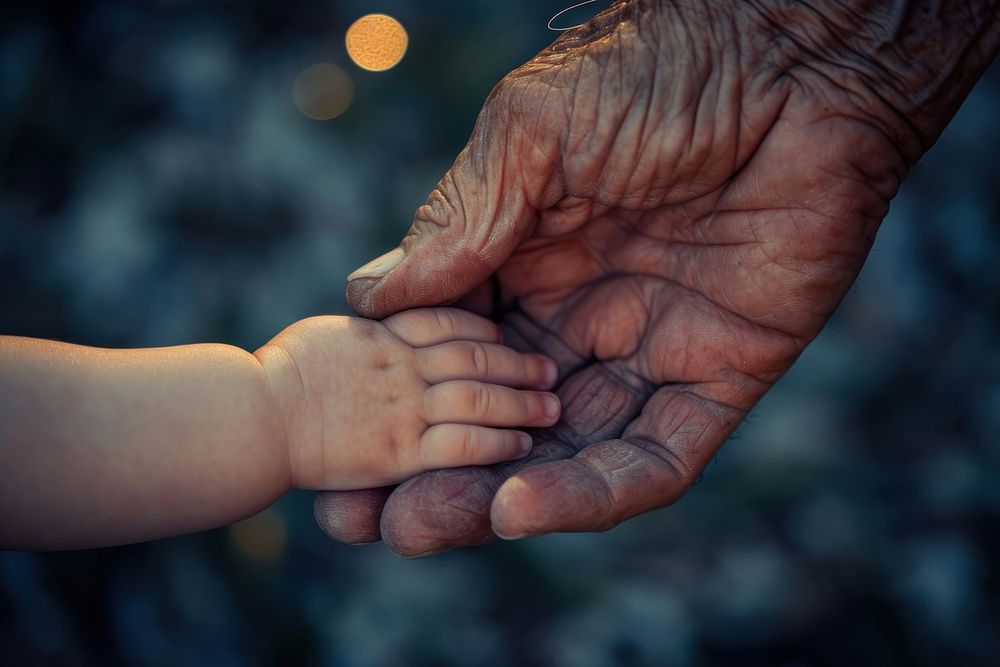 Elder hand holding a newborn hand outdoors finger family. AI generated Image by rawpixel.
