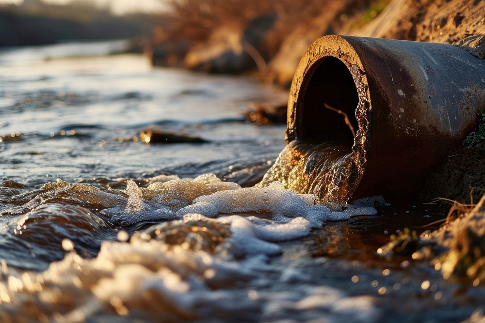 Dirty water leakage from concrete pipe into the river pollution reflection corrosion. 