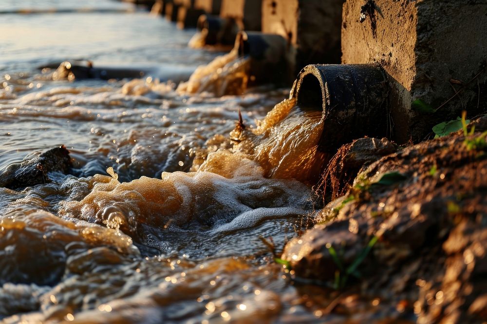 Dirty water leakage from concrete pipe into the river pollution outdoors nature. AI generated Image by rawpixel.