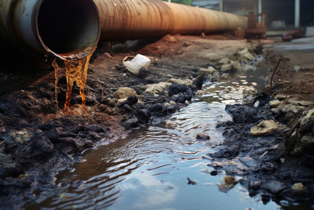 Dirty wastewater pollution from concrete pipe pipeline reflection outdoors. AI generated Image by rawpixel.