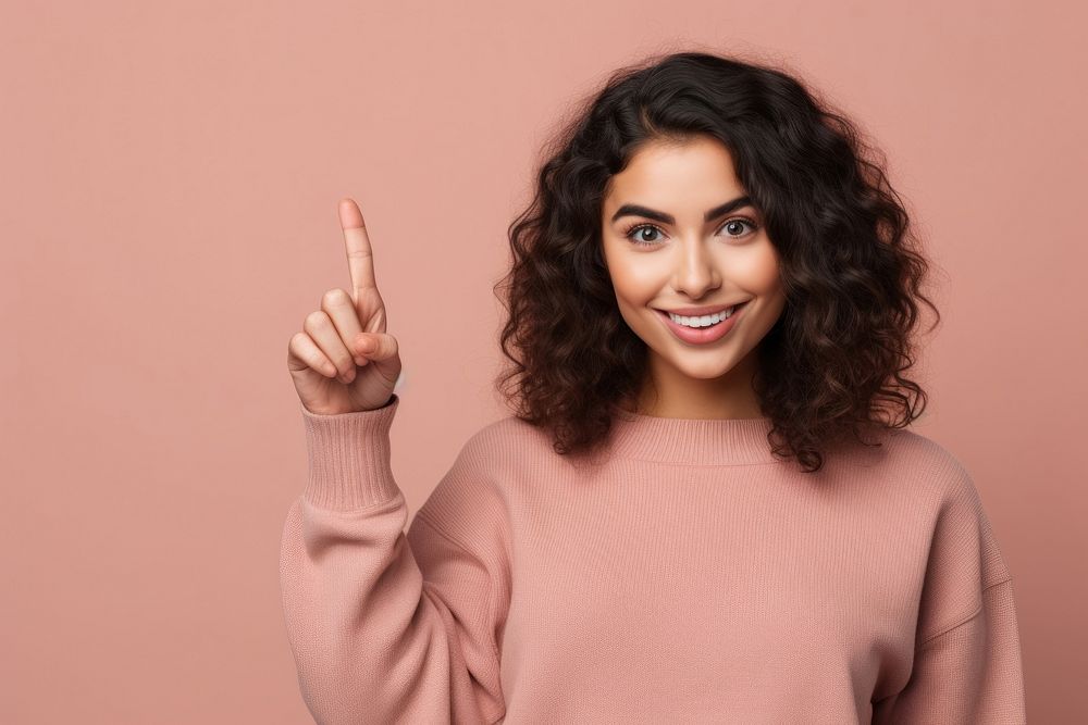 Young Latina woman showing finger smile. AI generated Image by rawpixel.