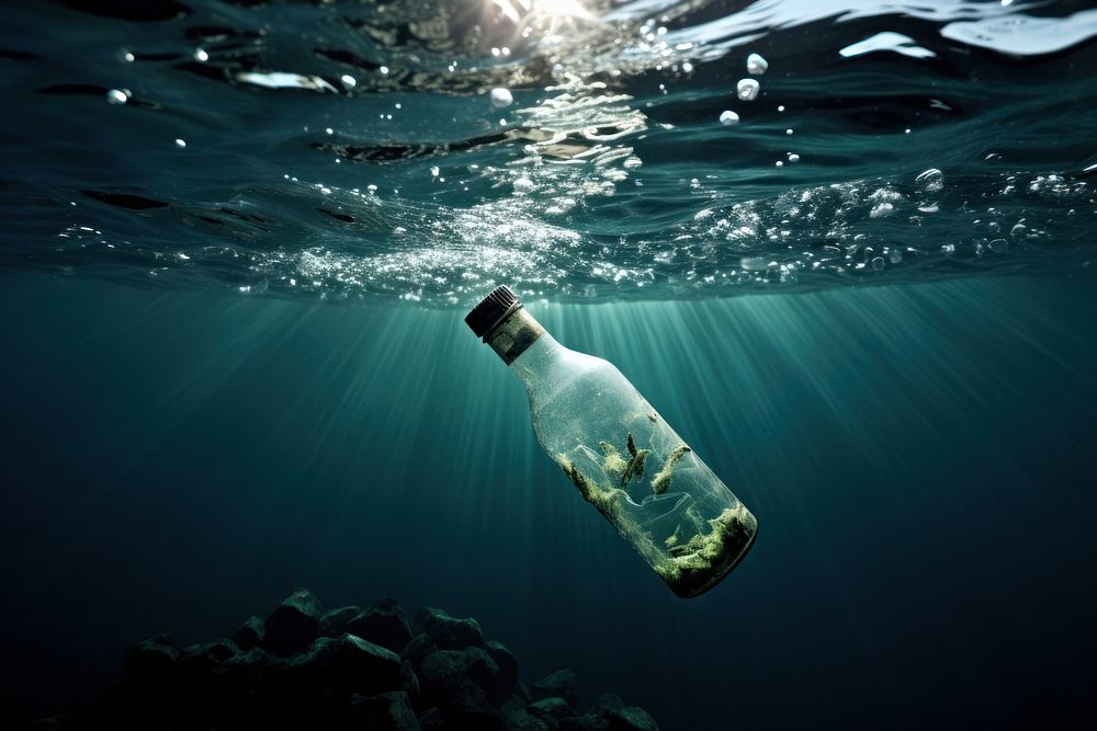 Glass bottle drop into the sea underwater outdoors nature. AI generated Image by rawpixel.