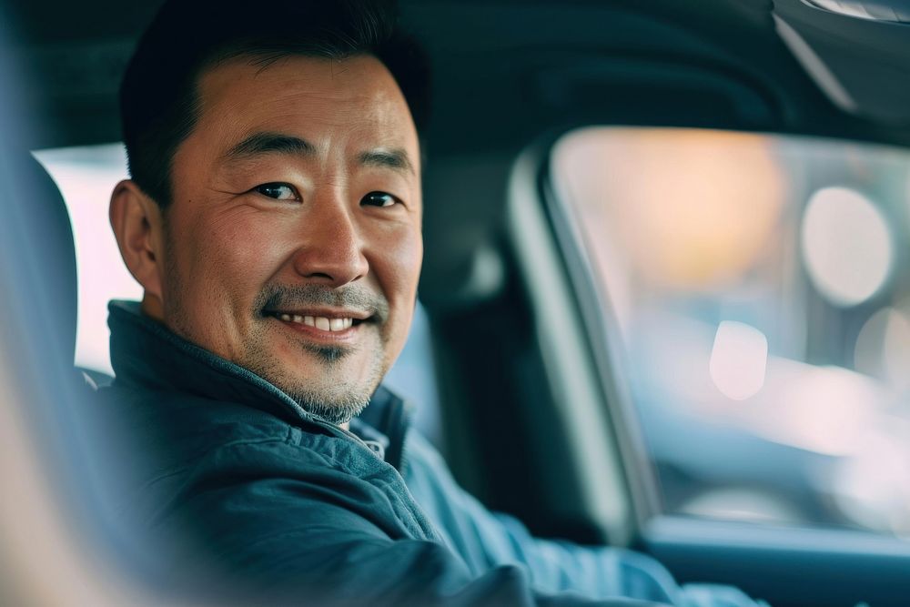 Asian man driving a car happy vehicle adult smile.