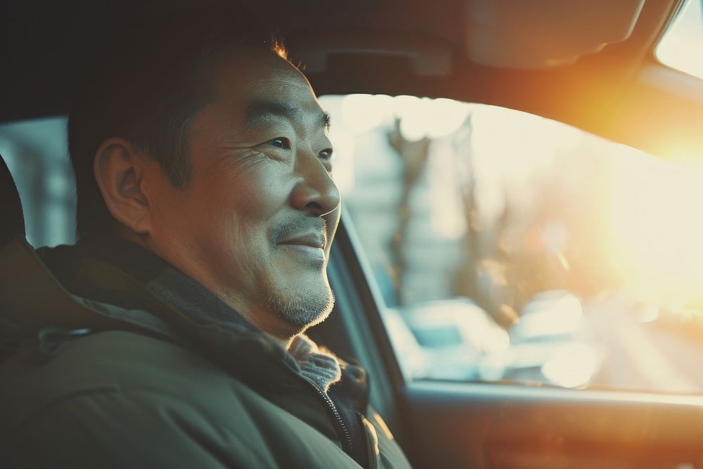 Asian man driving a car happy portrait vehicle window.