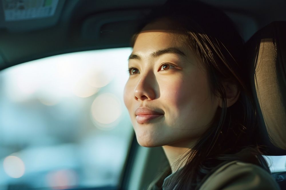 Asian woman driving a car happy vehicle window transportation.