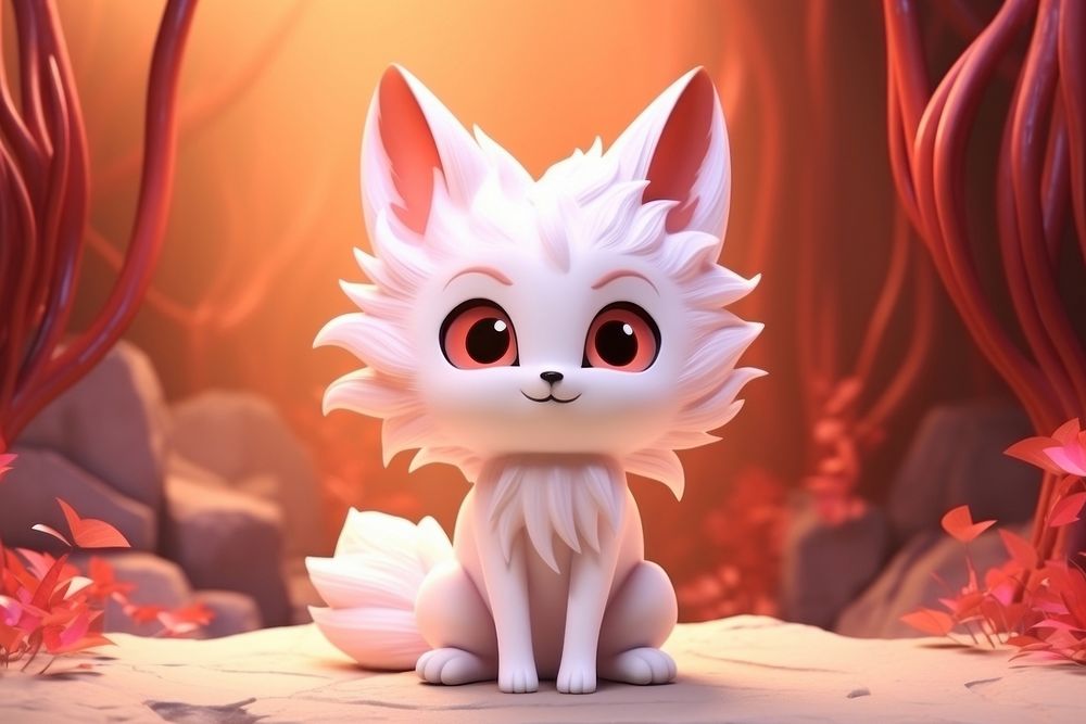 Cute 9 tailed fox fantasy background cartoon representation creativity.