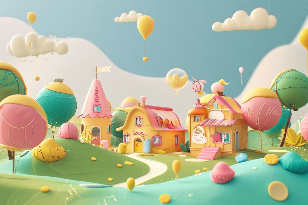 Cute village fantasy background balloon cartoon representation.