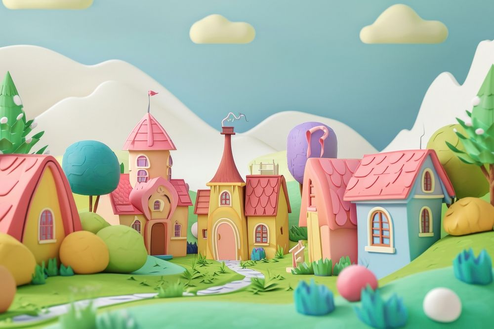 Cute village fantasy background cartoon representation confectionery.
