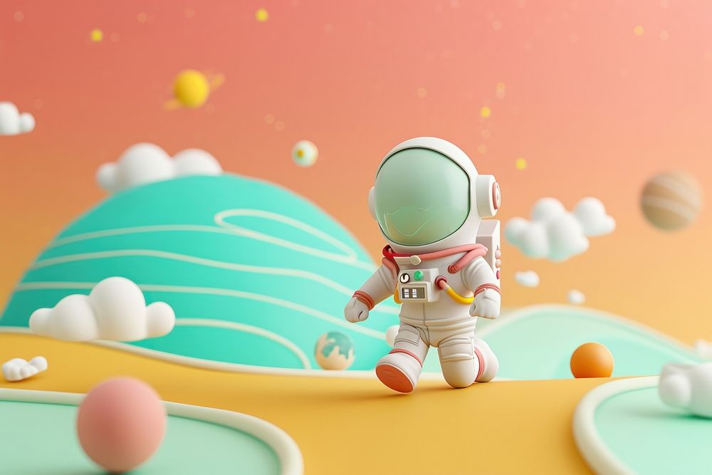Cute astronaut in other planet fantasy background cartoon representation creativity.