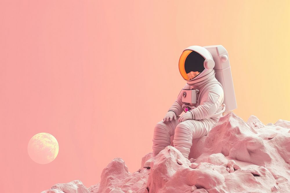 Cute astronaut in other planet fantasy background space astronomy outdoors.