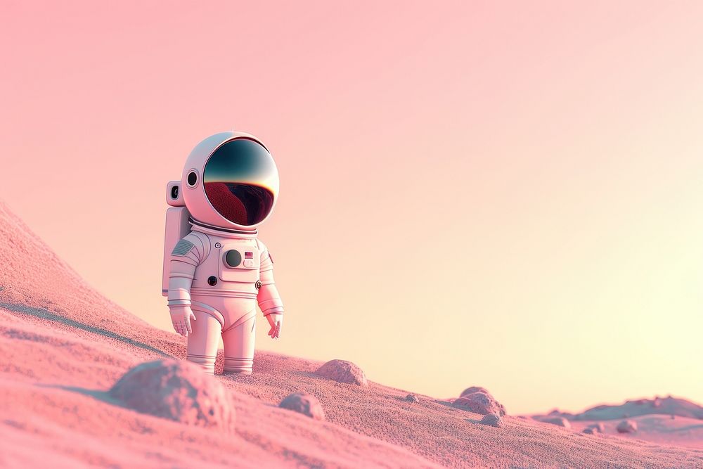 Cute astronaut in other planet fantasy background space outdoors cartoon.