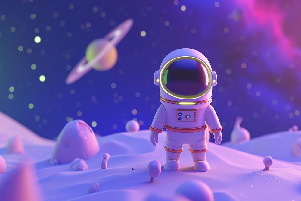 Cute astronaut in other planet fantasy background cartoon astronomy nature.