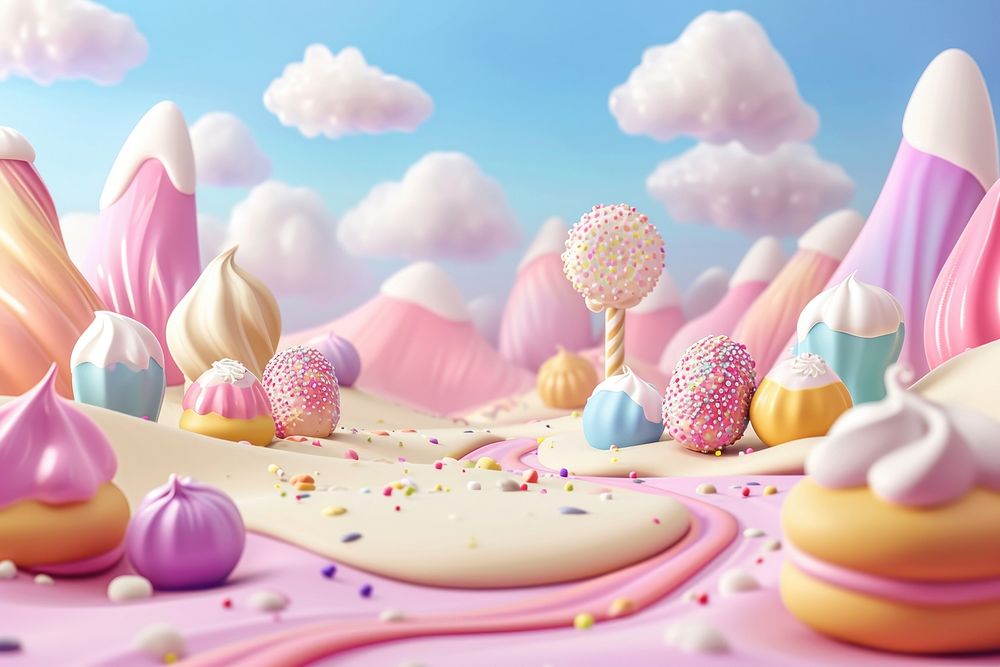 Cute candy land fantasy background dessert cartoon icing.