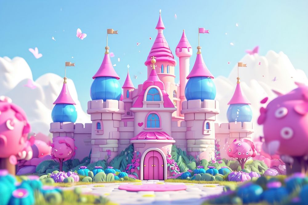 Cute castle fantasy background cartoon purple representation.