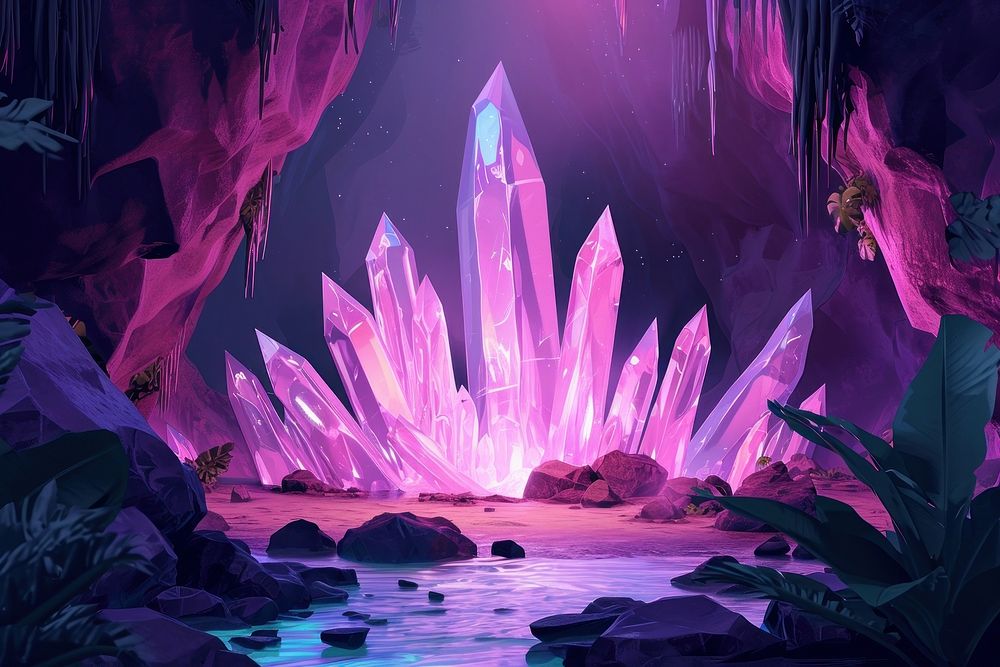 Cute crystal cave fantasy background outdoors nature purple.