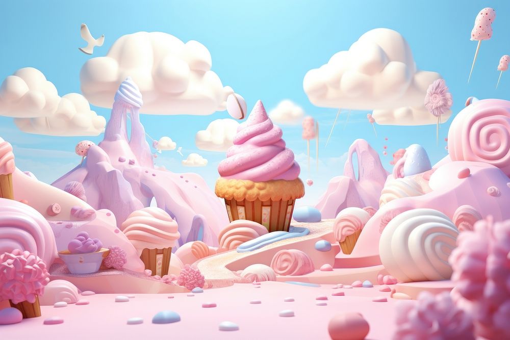 Cute dessert world fantasy background cupcake cartoon icing.