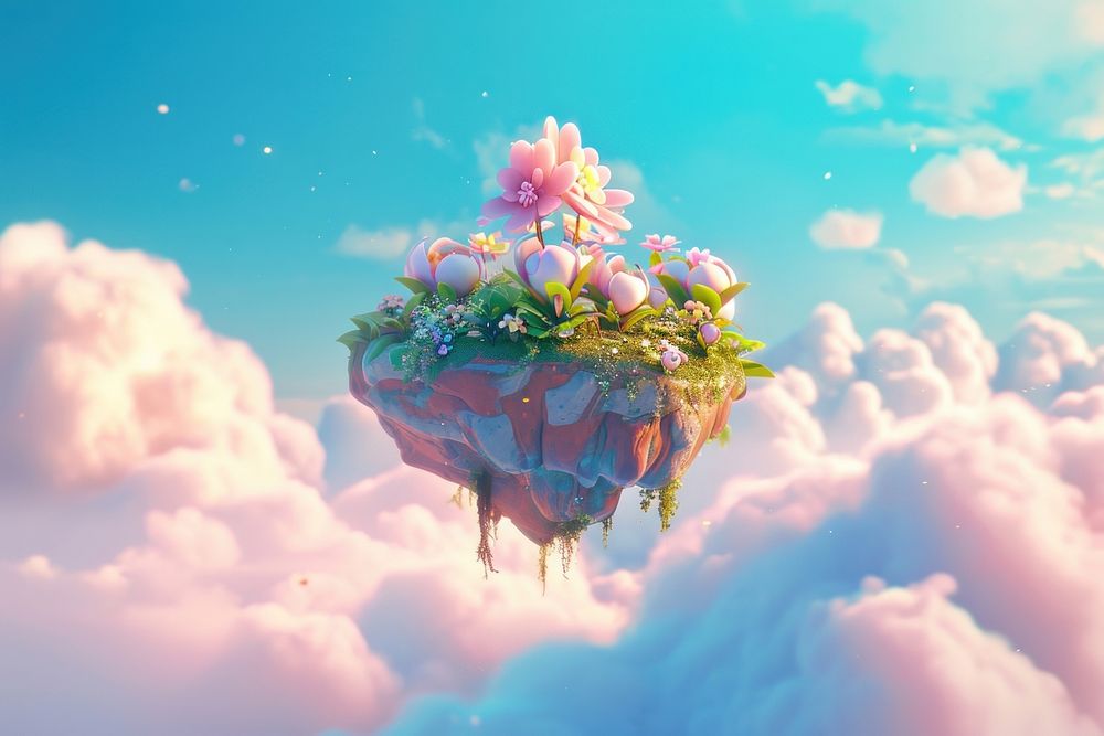 Cute floating land in the sky fantasy background outdoors flower nature.