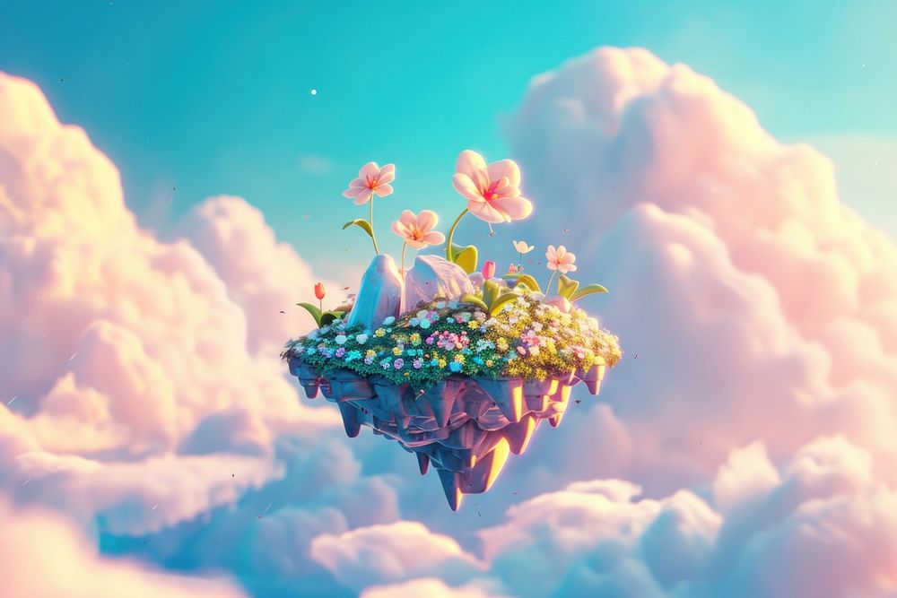 Cute floating land in the sky fantasy background outdoors nature flower.
