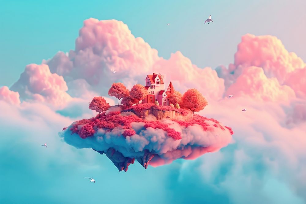 Cute floating land in the sky fantasy background tranquility creativity reflection.