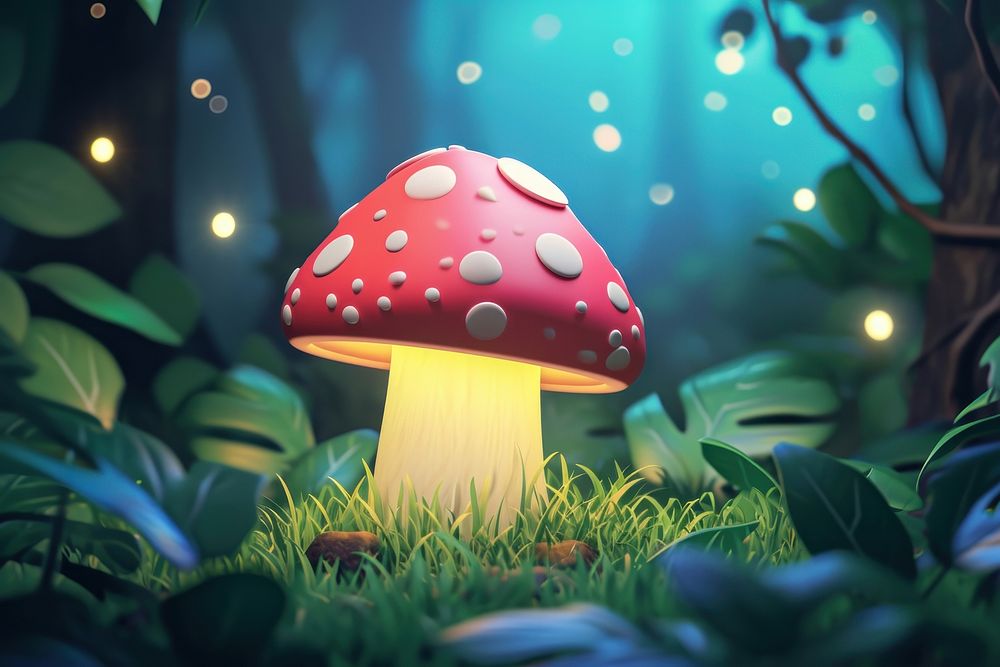 Cute glowing mushroom in jungle fantasy background outdoors fungus agaric.