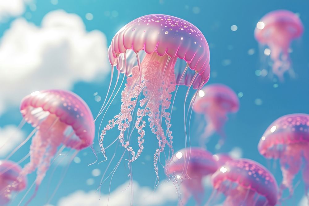 Cute jellyfish floating in the sky fantasy background invertebrate transparent translucent.