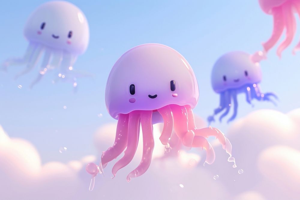 Cute jellyfish floating in the sky fantasy background cartoon animal invertebrate.