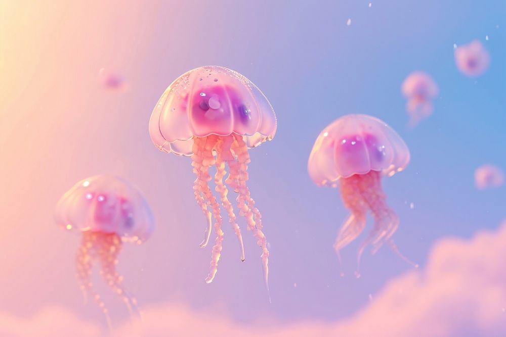 Cute jellyfish floating in the sky fantasy background animal invertebrate transparent.