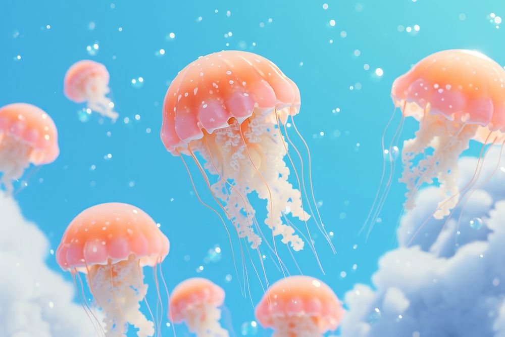 Cute jellyfish floating in the sky fantasy background invertebrate transparent underwater.