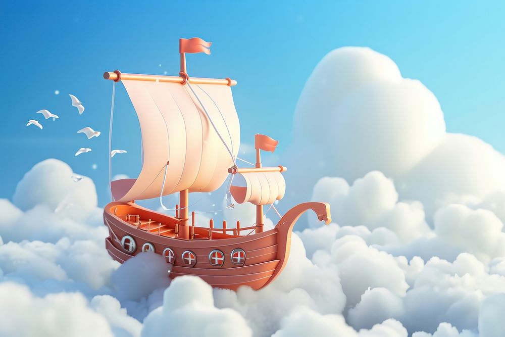 Cute junk ship flying in the sky fantasy background watercraft sailboat outdoors.